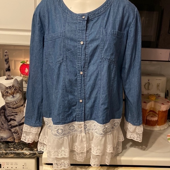 L womens button up lace charming long sleeve denim top XL - Picture 1 of 5